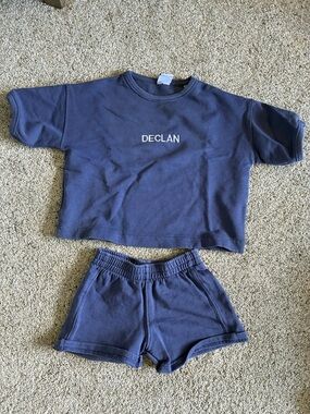 Zara Embroidered "DECLAN" Navy Crop Sweatshirt and Shorts Set